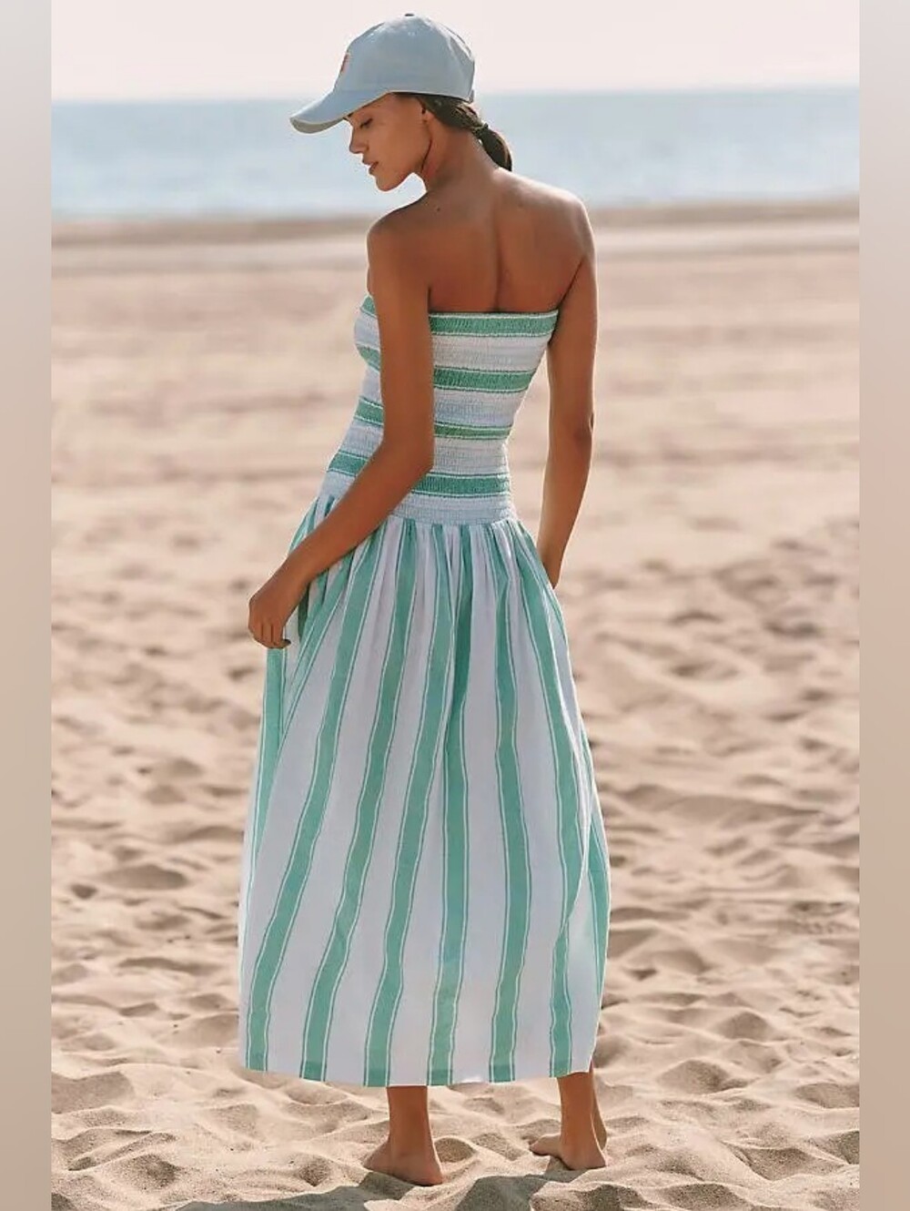 NWT🔖XL Anthropologie Strapless Green and White Smocked Dress - Picture 3 of 12